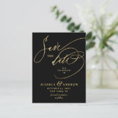 Gouden Elegante Kalligrafie Bruiloft Save the Date Briefkaart (Staand voorkant)