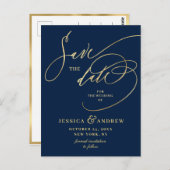 Gouden Elegante Kalligrafie Bruiloft Save the Date Briefkaart (Voorkant / Achterkant)