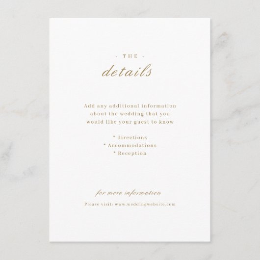 Gouden elegante klassieke kalligrafie bruiloft det informatiekaartje (Voorkant)