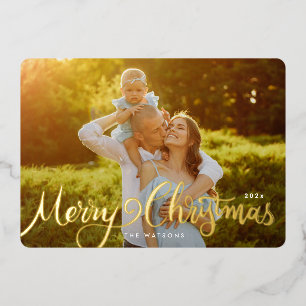 Gouden Elegante Lettering Prettig Kerstmis Foto Folie Feestdagenkaart