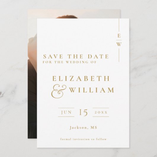 Gouden Elegante Moderne Monogram Fotobruiloft Save The Date (Voorkant / Achterkant)