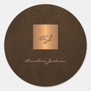 Gouden elegante script monogram naam leer ronde sticker