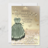 Gouden elegante vlinder Groene jurk Quinceañera Kaart (Voorkant)