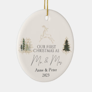 Gouden Elegante Waterverf Eerste Kerstmis Getrouwd Keramisch Ornament