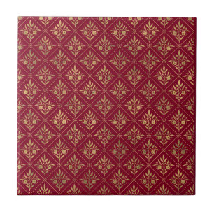 Gouden Elegantie – Bordeaux Rood & Goud Botanisch Tegeltje