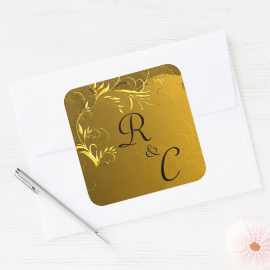 Gouden Elegantie Bruiloft Monogrammen Vierkante Sticker (Envelop)