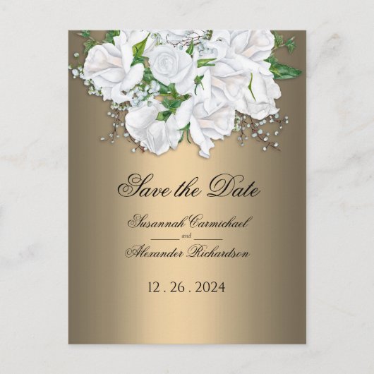 Gouden Elegantie en Wit Bruids Boeket Opslaan Datu Briefkaart (Voorkant)
