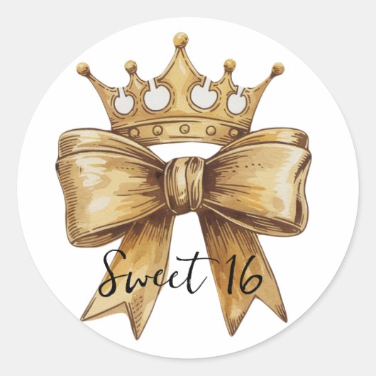 Gouden Elegantie: Sweet 16 Crown & Bow Ronde Sticker (Voorkant)