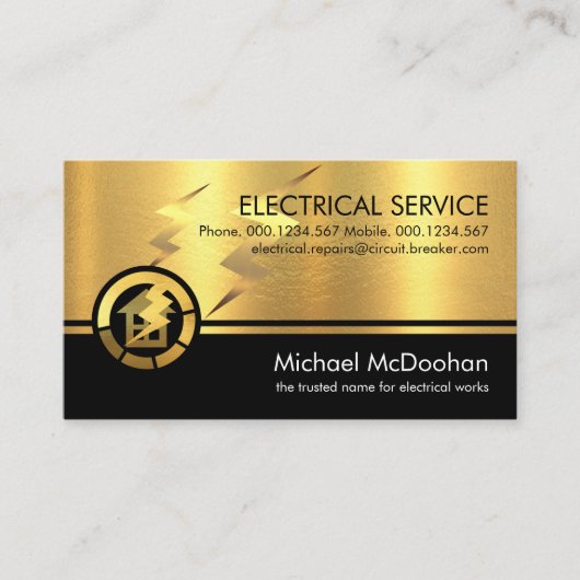 Gouden Elektrische Lightning Bolts Elektricien Visitekaartje (Voorkant)