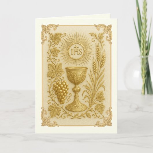 Gouden Embossed Chalice Tarwe Druiven Priester Bedankkaart (Voorkant)
