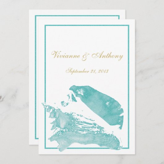 Gouden en Aqua Marine Seashell bruiloft Kaart (Voorkant / Achterkant)