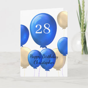 Gouden en Blauwe Ballonnen 28e Verjaardag Kaart