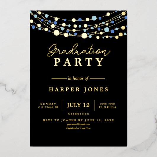 Gouden en blauwe elegante Afstuderen Klasse van 20 Folie Uitnodiging (Voorkant)