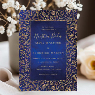 Gouden en Blauwe Fluwelen Huwelijk Vintage Nuestra Kaart