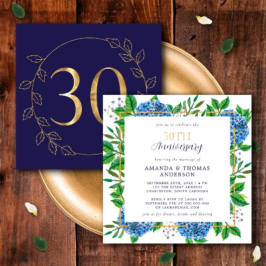 Gouden en Blauwe Hortensia 30e Huwelijksverjaardag Kaart