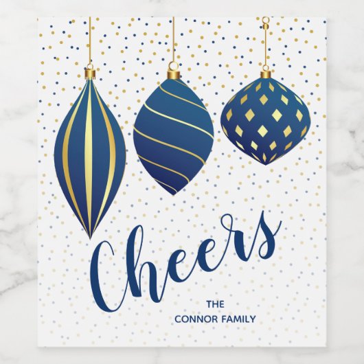 Gouden en blauwe kerstversiering wijn etiket (Enkel label)