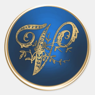 Gouden en Blauwe Monogram V Enveloppe Sluitzegel Ronde Sticker