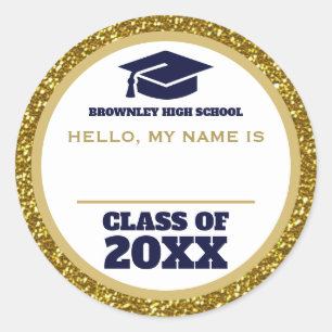 Gouden en blauwe reünie naamplaatje ronde sticker