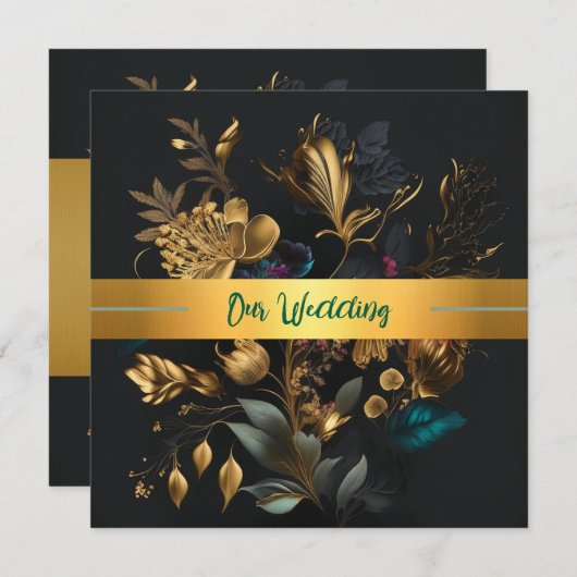 Gouden en blauwe tuin huwelijksuitnodiging kaart (Voorkant / Achterkant)