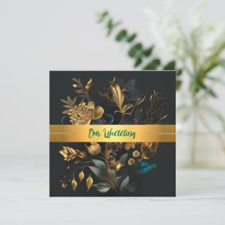 Gouden en blauwe tuin huwelijksuitnodiging kaart