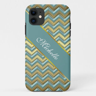 Gouden en Blauwgroen Chevron Pattern iPhone 11 Hoesje