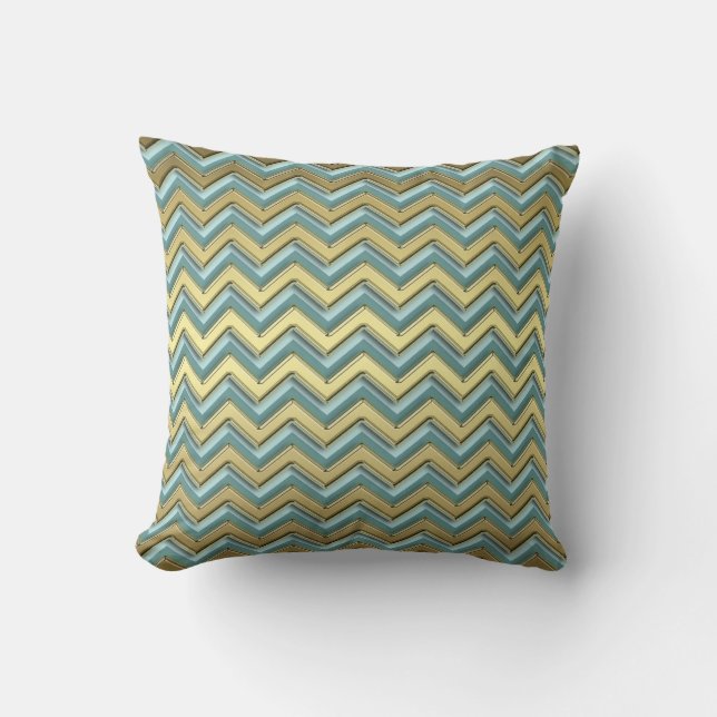 Gouden en Blauwgroen Chevron Pattern Kussen (Voorkant)