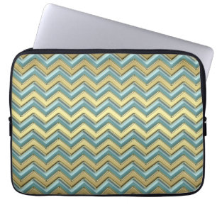 Gouden en Blauwgroen Chevron Pattern Laptop Sleeve