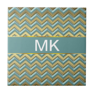 Gouden en Blauwgroen Chevron Pattern Tegeltje