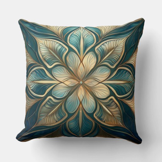 Gouden en Blauwgroen Floral Mandala - Sophisticate Kussen (Voorkant)