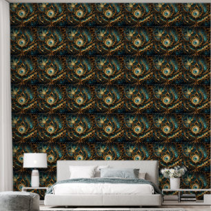 Gouden en Blauwgroen fractal kunst het gevoel van Behang
