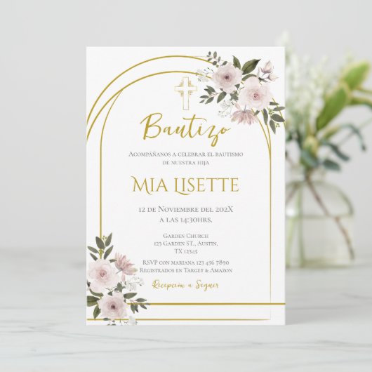 Gouden en bloemendoop uitnodiging voor meisje in S (Staand voorkant)