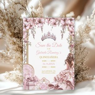 Gouden en Blush Roze Tiara Bloemige Quinceañera Save The Date