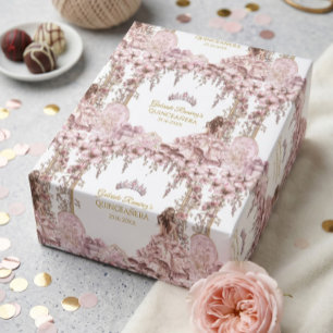 Gouden en Blush Roze Tiara Bloemrijke Quinceañera Cadeaupapier