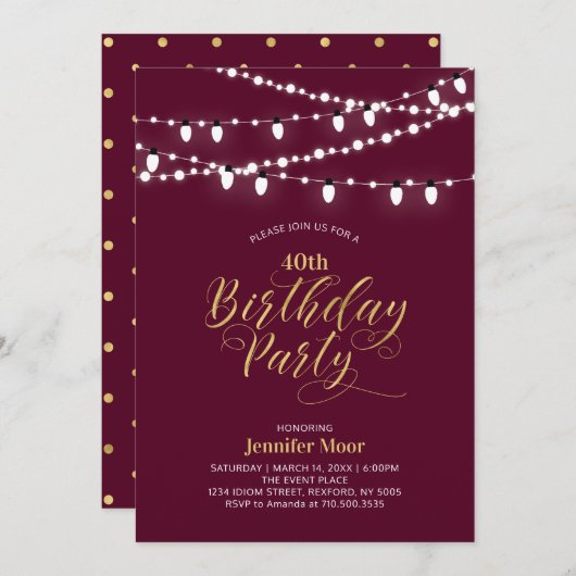 Gouden en Bourgogne Moderne 40ste geboortedag voor Kaart (Voorkant / Achterkant)