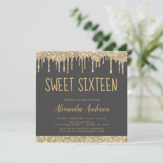 Gouden en grijze glitter Sweet Sixteen Birthday Kaart (Staand voorkant)