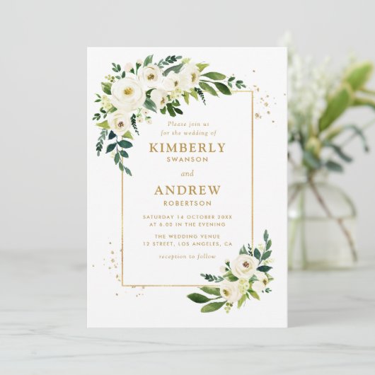 gouden en groene bloemige trouw uitnodiging (Staand voorkant)