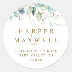 Gouden en Groene Botanische Bruiloft Retouradres Ronde Sticker