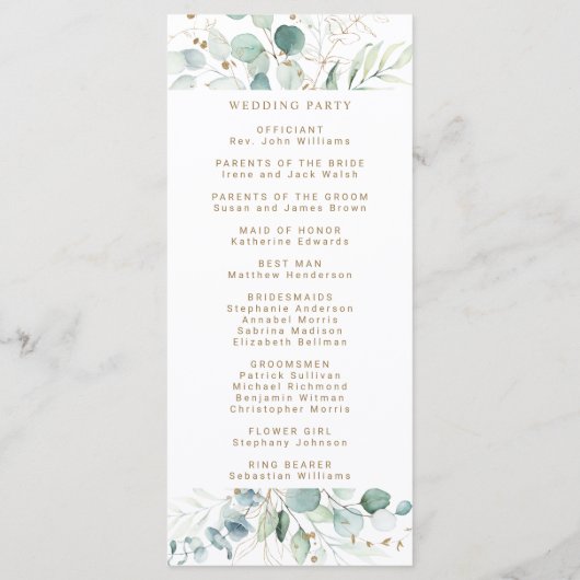 Gouden en Groene Botanische Huwelijksceremonie Programma (Achterkant)