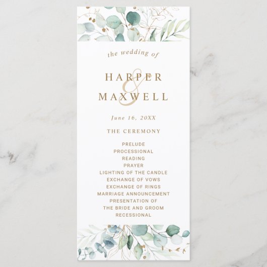 Gouden en Groene Botanische Huwelijksceremonie Programma (Voorkant)