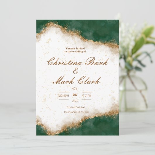 Gouden en groene bruiloft uitnodiging (Staand voorkant)