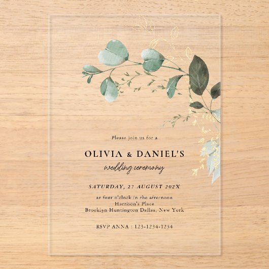 Gouden en groene eucalyptus minimalistische bruilo acryl uitnodigingen (Voorkant)