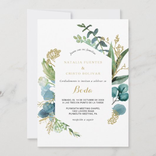 gouden en groene Eucalyptus Spaanse bruiloft Kaart (Voorkant)