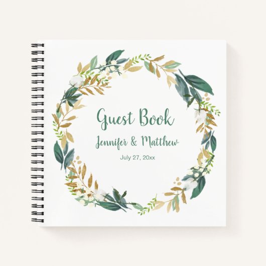 Gouden en groene Greenery Wreath Guest Book Notitieboek (Voorkant)