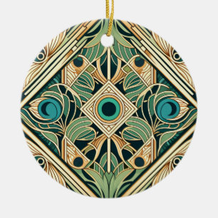Gouden en groene pauw abstracte veren textuur keramisch ornament