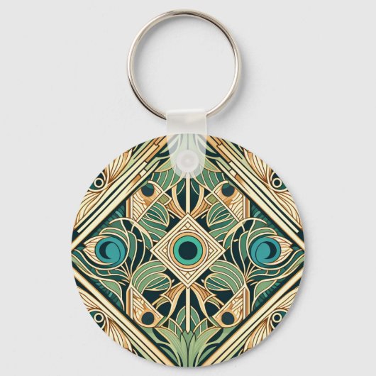 Gouden en groene pauw abstracte veren textuur sleutelhanger (Voorkant)