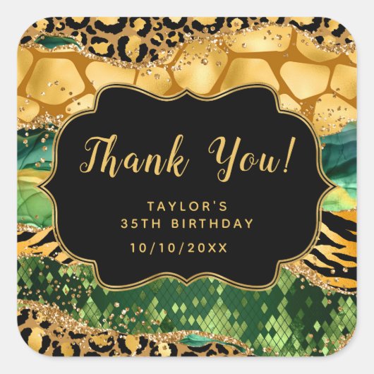 Gouden en Groene Safari Agaat Verjaardag Dank u Vierkante Sticker (Voorkant)