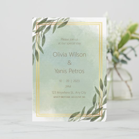 Gouden en groene Waterverf bloemenbruiloft Kaart (Staand voorkant)