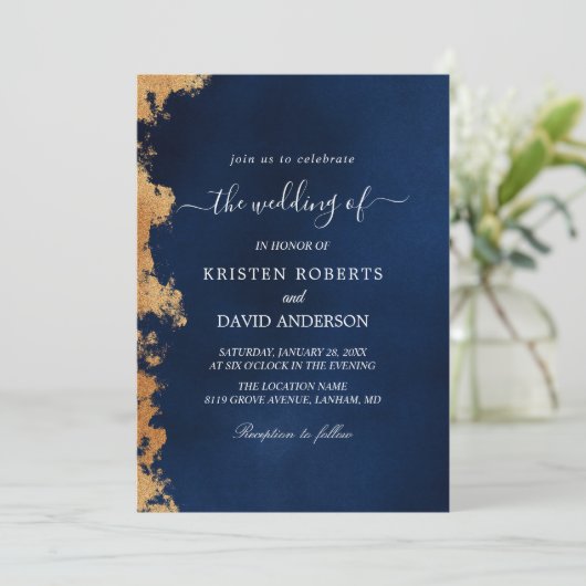 gouden en koninklijke blauwe trouwuitnodiging kaart (Staand voorkant)