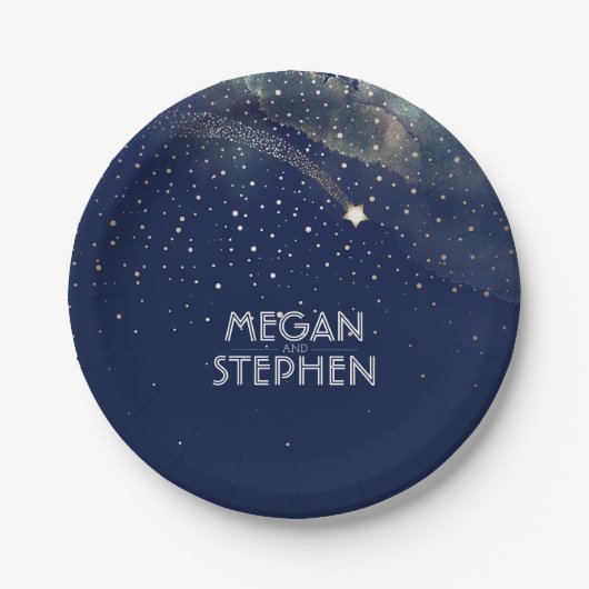 Gouden en marineblauwe vallende ster nachthuwelijk papieren bordje (Voorkant)