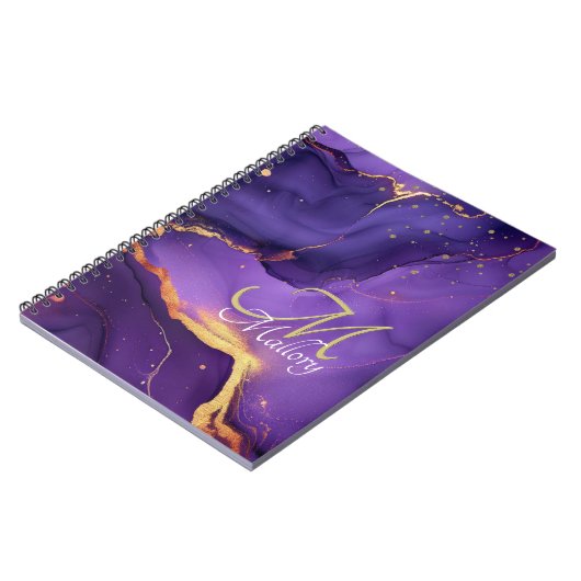 Gouden en Paarse agaat 💜✨Elegant Script Monogram Notitieboek (Linkerzijde)